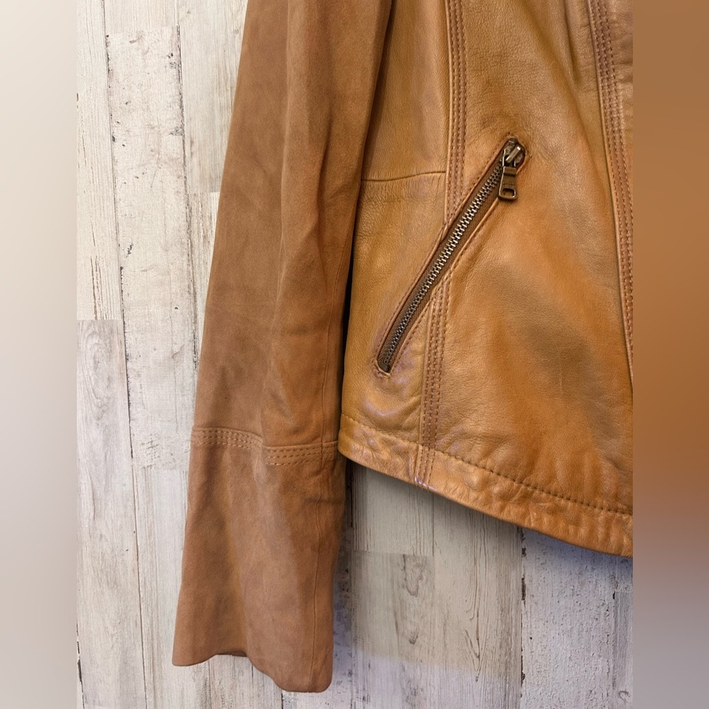 Jessica Simpson Camel 100% Leather Moto Jacket • Size M • Asym Zip - Picture 6 of 9